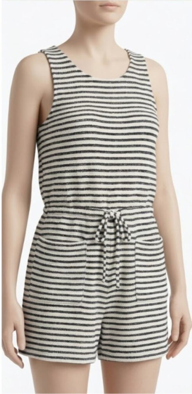 MADEWELL Drawstring Striped Romper Scoop Neck Sleeveless Navy White Womens Sz M